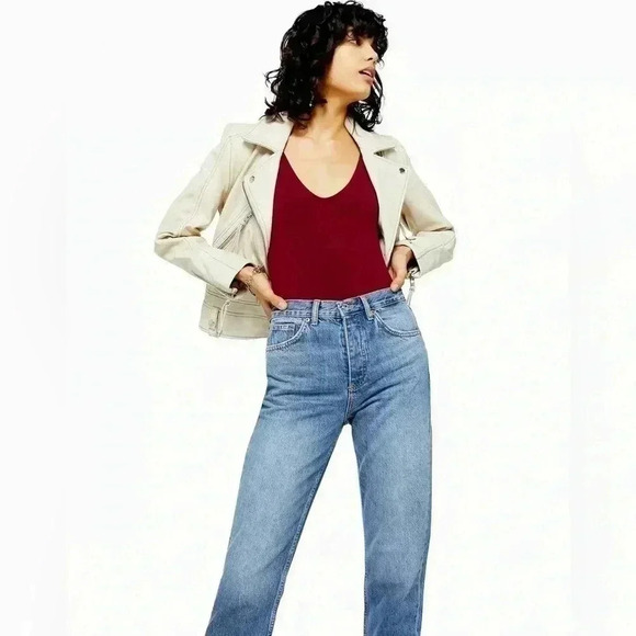 Topshop Editor Jeans High Rise Straight Leg Denim Cropped Button Fly Blue 26 - Picture 2 of 16